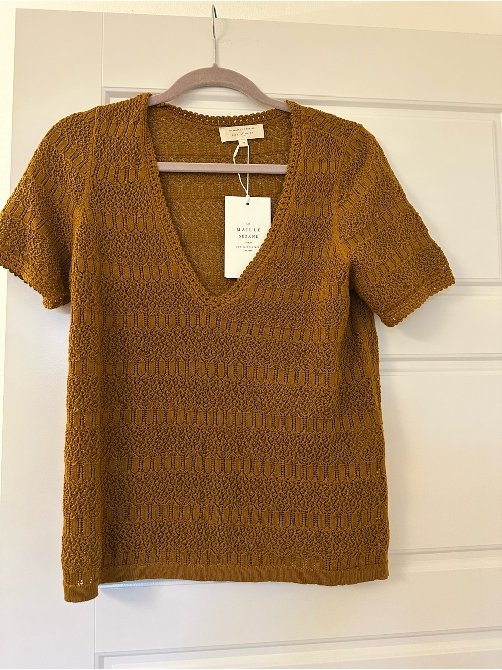 Sezane Mustard Textured V-Neck Short Sleeve Sweater - Picture 2 of 5